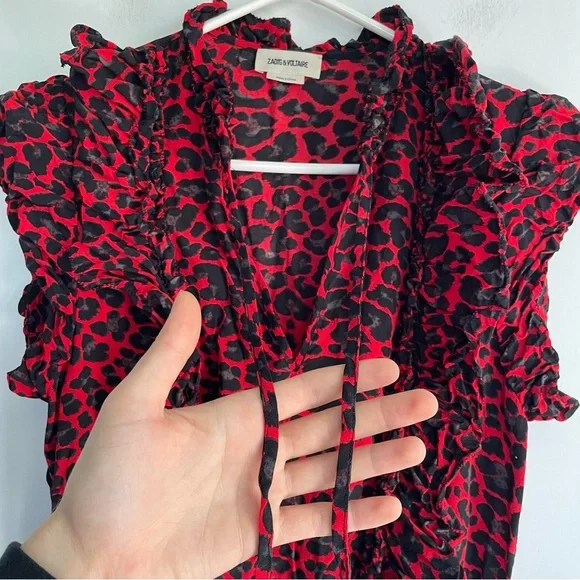 Zadig & Voltaire Tibo Print Leopard Ruffle Red Black Sleeveless Tassel Size S - Picture 6 of 12